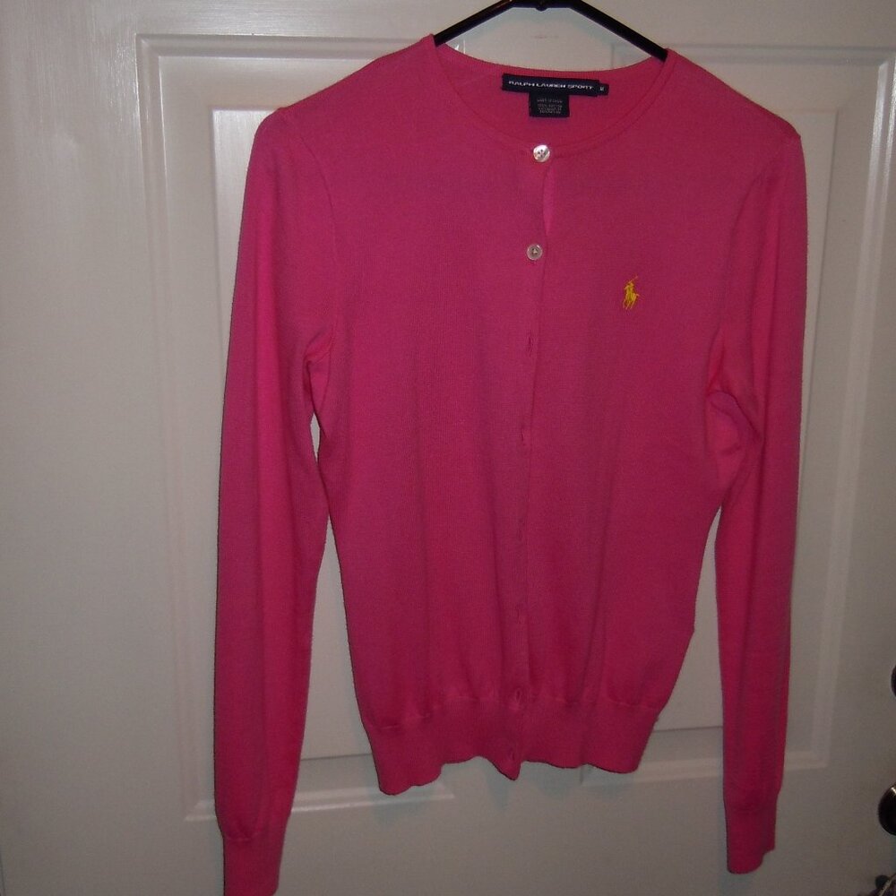 RALPH LAUREN SPORT PINK BUTTON FRONT CARDIGAN SWEATER SZ MED
